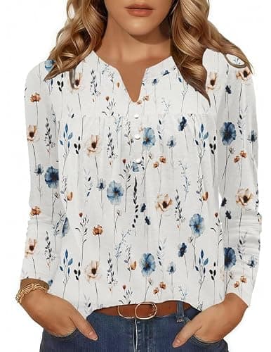 Misakia Long Sleeve Shirts for Women Henley V Neck Tops Fashion Pleated Dressy Blouses Fall Trendy Tunic 2025 White Floral XL - Image 1
