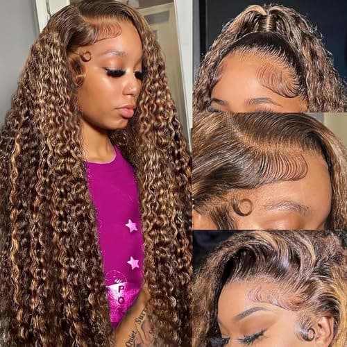 ALSZIQIHR 13x4 Highlight Ombre Lace Front Wig Human Hair Pre Plucked HD Transparent 4/27 Honey Blonde lace frontal Wigs with Baby Hair 180% Density Colored Water Wave Lace Front wig for Women 26 inch - Image 1