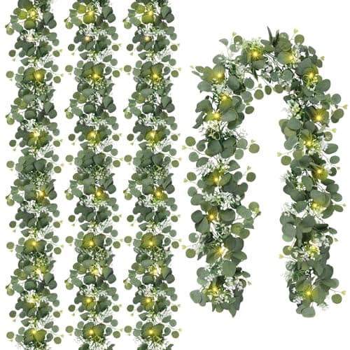 N&T NIETING 4 Pack Artificial Eucalyptus Garland with Lights, 6FT Artificial Greenery Garlands, Battery Operated Twig Vine for Room Stairs Mantle Wedding Holiday Easter Decoration Indoor Outdoor - Image 1