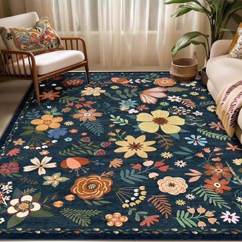 Washable Area Rugs, Floral Rug, Large Carpet for Living Room Bedroom,8'x 10',Blue - Image 1