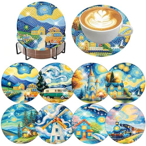 8 PCS Landscape Diamond Art Coasters Kits with Holder Starry Sky Diamond Painting Coaster Kits for Beginners Starry Night Diamond Painting Kits for Adults Handicrafts Paint by Diamond 4x4 inch - Image 1