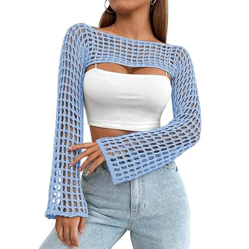 Mincib Womens Crochet Shrug Y2K Hollow Out Bolero Shrug See Through Cropped Knit Sweater Top(Light Blue,XL) - Image 1