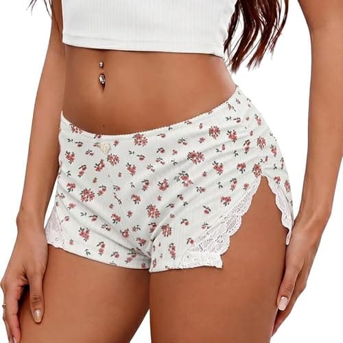Marvmys Sexy Summer Low Rise Pajama Shorts for Women Lace Slit Comfy Shorts Flower Ruched Micro Shorts Floral Print M - Image 1