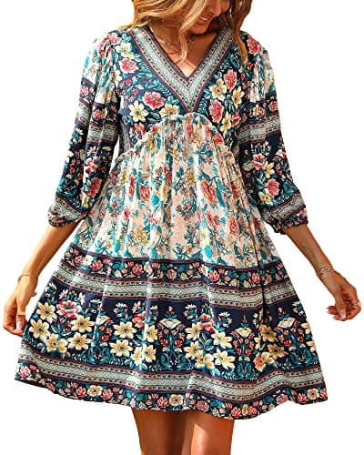 BTFBM Womens Summer Dresses 2026 Casual V Neck 3/4 Long Sleeve Ruffle Floral Flowy Boho Babydoll Mini Spring Beach Dress(Floral White, Large) - Image 1