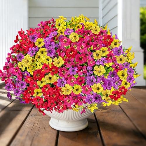 QSPEROV Artificial Flowers for Outdoors UV Resistant, 12 Bundles Realistic Faux Daisy with Eucalyptus Leaves Fake Plants for Porch Patio Planter Garden Decoration (Purple Red Rose Yellow) - Image 1