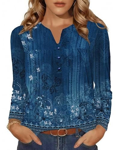 Misakia Long Sleeve Shirts for Women Henley V Neck Tops Fashion Pleated Dressy Blouses Fall Trendy Tunic 2025 Blue Floral M - Image 1