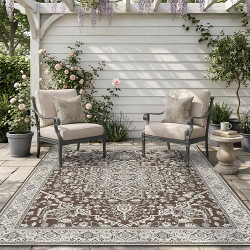 AMOAMI-Outdoor Rug-Patio Rug 5x8 ft Quick Dry Flatweave Textured Machine Washable Outdoor Carpet with Rubber Particles Backing Vintage Outdoor Area Rug for Patio Deck Front Porch Balcony Brown