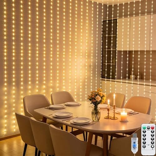 AurNyvaMay 250 LED Fairy Curtain Lights, Warm White USB Plug in 8 Modes & Timer Christmas String Hanging Lights with Remote for Bedroom Indoor Outdoor Weddings Party Wall Decorations(Warm White)