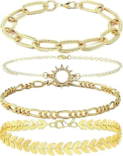 Bracelets Sets 14K Gold Plated Trendy Thin Dainty Stackable Cuban Link Paperclip Chain Leaf Sun Fashion Gifts Jewelry - Image 1