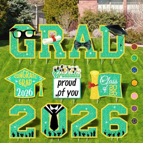 Graduation Decorations 2026 Green and Gold, 11 Pcs Graduation Yard Signs Class of 2026, 15" Large Shimmering Grad Signs for Lawn Garden Pathway, High School College Grad Party Decor Outdoor - Image 1