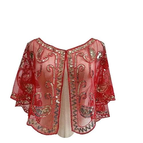 RiJinDuoJin 1920s 50s Shawl Wraps Sequin Beaded Shawl Wedding Bridal Wrap For Evening Dresses Gatsby Party Harlem Night Accessories - Red Gold - Image 1