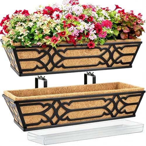 cheehigo 2 Pack 24 Inch Railing Planter Boxes with PET Water Storage Tray & Coco Liner, Window Boxes Planters for Deck Railing, Metal Hanging Flower Box for Outdoor Balcony Fence and Patio Garden - Image 1