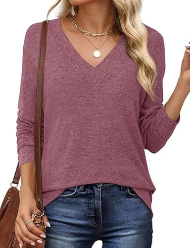JUSTFASHIONNOW Long Sleeve Tunic Tops for Women V Neck Shirts Business Casual Blouses Trendy Comfy Tee Work Winter Office Outfits for Women 2025 (Wine Red,Large) - Image 1