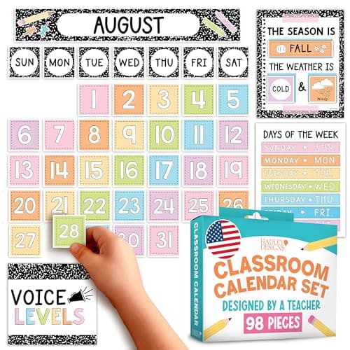 Hadley Designs Classroom Calendar Set Bulletin Board Decorations - Pastel School Calendar for Classroom Decor, Kindergarten Preschool Elementary Teacher Must Haves, Homeschool & Daycare Essentials - Image 1