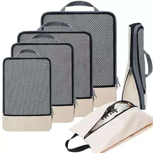 LSLCQW 6 Set Lightweight Compression Packing Cubes with Packing List, Anti-Tearing Expandable Organizer Bags for Travel,(Beige) - Image 1