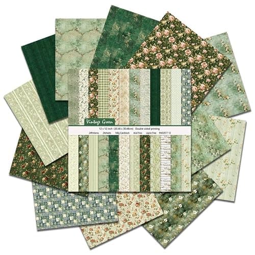 12x12 Scrapbook Paper & Scrapbooking Supplies, Vintage Green Double-Sided Patterned Cardstock Pad, Decorative Craft Sheets for Junk Journal & Photo Album, 24 Sheets