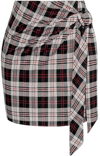 Kate Kasin Women's Plaid Skirt Elastic High Waist Bow Tie Stretch Bodycon Mini Pencil Skirts(Apricot Plaid, Small) - Image 1