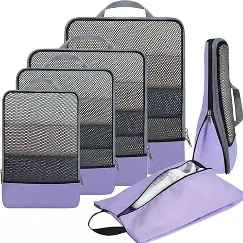 LSLCQW 6 Set Lightweight Compression Packing Cubes with Packing List, Anti-Tearing Expandable Organizer Bags for Travel, Black (Dusty Purple) - Image 1