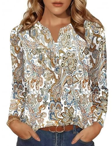 Misakia Long Sleeve Shirts for Women Henley V Neck Tops Fashion Pleated Dressy Blouses Fall Trendy Tunic 2025 Colorful Floral 2 S - Image 1