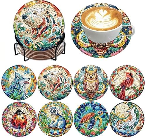 ijbnhd 8 PCS Animals Diamond Art Coasters Kit, Animals Diamond Painting Coasters with Holder, Arts and Crafts Supplies Astral 4X4inch (Cork Wooden Pad) - Image 1