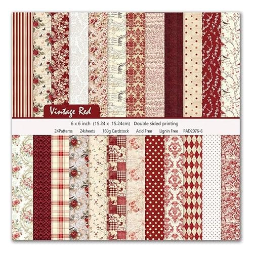Scrapbook Paper & Scrapbooking Supplies, Vintage Red 6x6 Double-Sided Patterned Cardstock Pad, Romantic Craft Sheets for Junk Journaling, Card Making & Scrap Book, 24 Sheets - Image 1